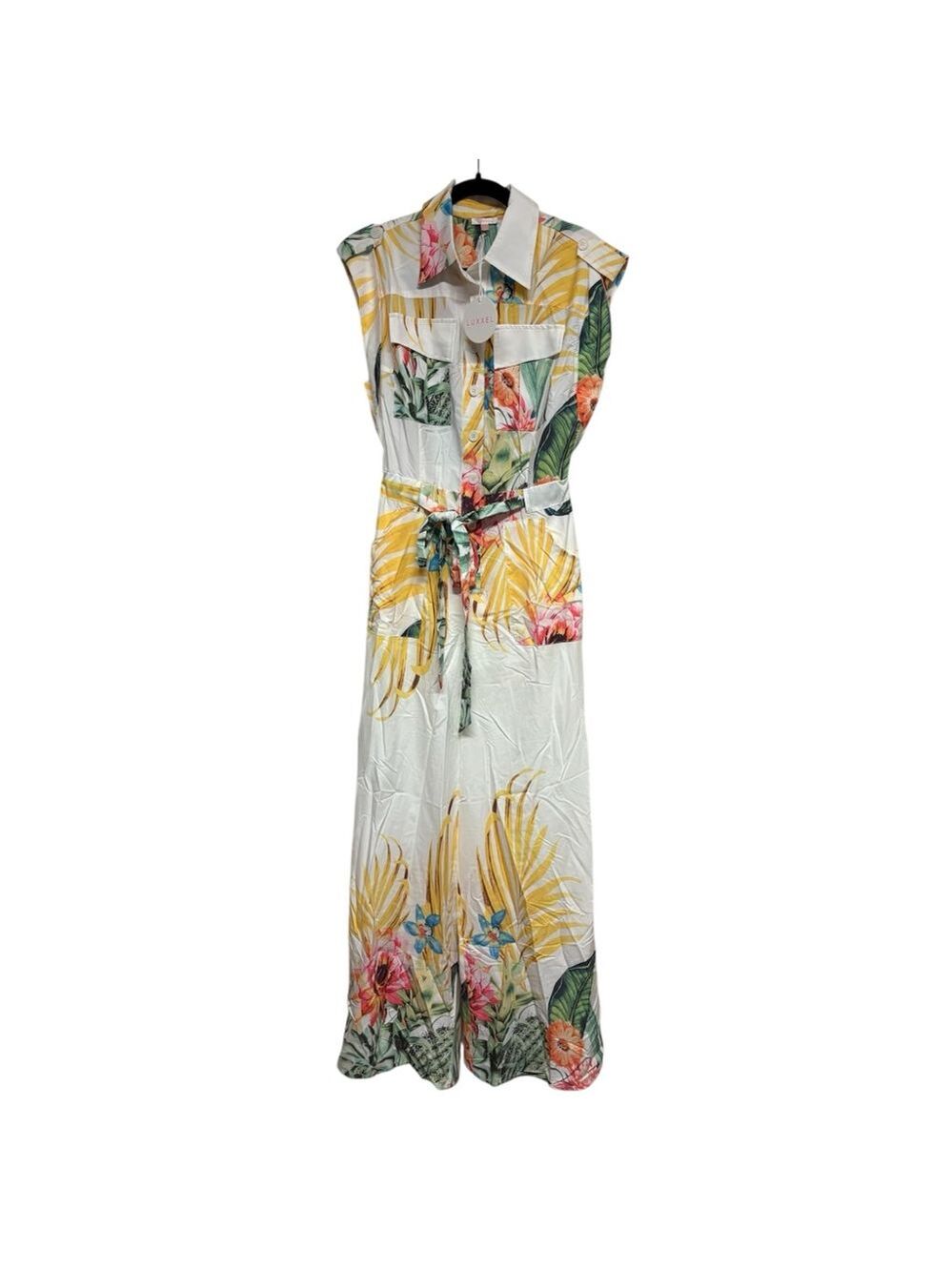 Luxxel white tropical floral sleeveless belted jumpsuit pockets Medium NEW NWT - Picture 4 of 15